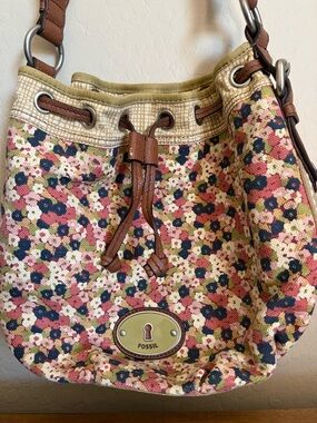 Fossil floral draw-string bucket hobo bag